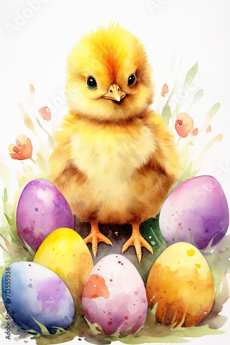 yellow chick standing among colorful Easter eggs Watercolor art