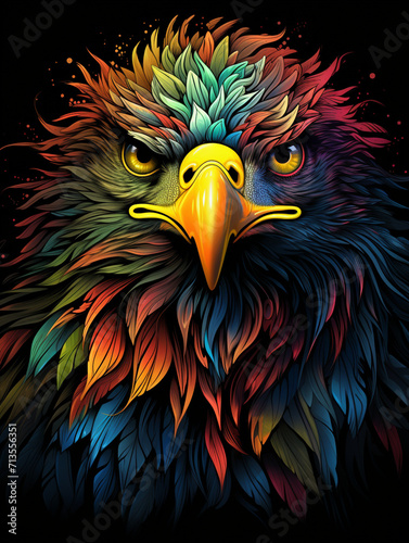 T-shirt design, eagle, native colors, vintage, 1980s, colorful charcoal sketch, detailed, rich colors, realistic style created with Generative Ai © Andrii Yablonskyi