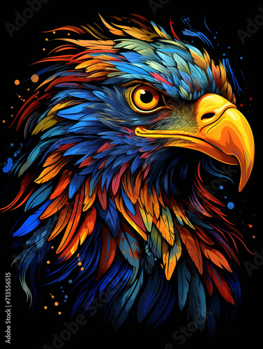 T-shirt design, eagle, native colors, vintage, 1980s, colorful charcoal sketch, detailed, rich colors, realistic style created with Generative Ai