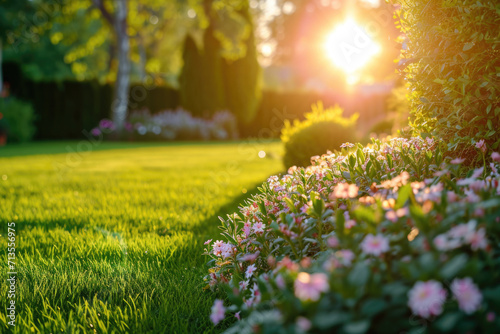 Sun shining brightly on a lush green lawn. Suitable for outdoor and nature-related themes