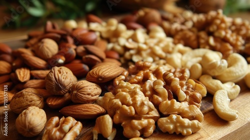 Assorted nuts on wooden board, closeup. Nuts background