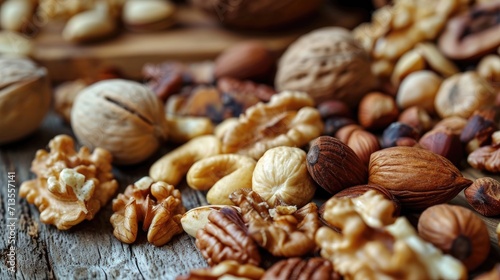 Mix of nuts on a wooden background. Walnuts, pecans, hazelnuts, pistachios, walnuts