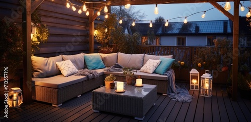 wicker patio furniture on a wooden deck beside lighting and lighting string