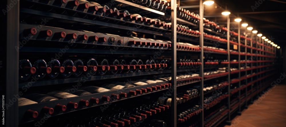 rows of wine bottles on racks in a cellar