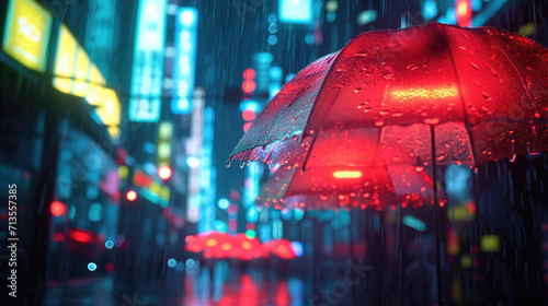 A red umbrella providing shelter from the rain on a busy city street. Perfect for illustrating rainy weather or urban scenes