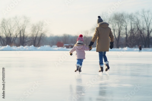 skating on the ice with family in winter