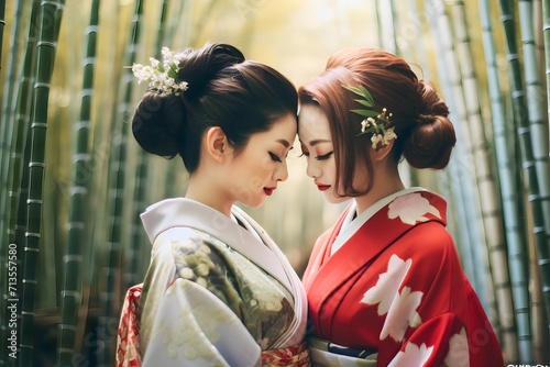 Asian woman in bamboo forest wearing traditional Japanese kimono at Bamboo Forest in Kyoto, Japan