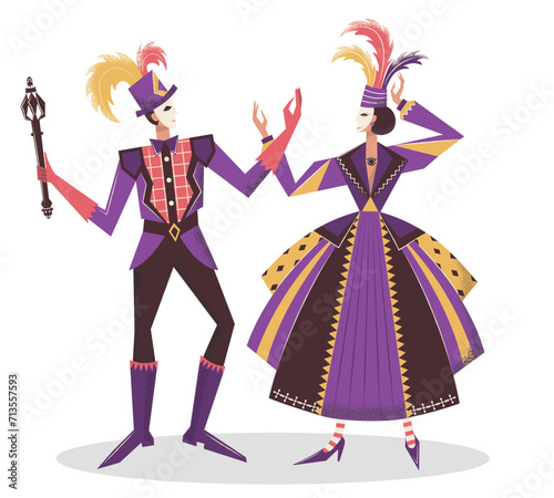 Venetian carnival. Main characters king and queen in masks and bright purple pink costumes. Flat vector illustration isolated on white background.