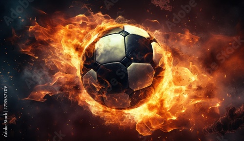soccer ball in flames on dark background © olegganko