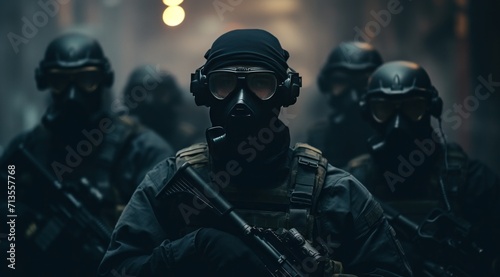soldiers wearing masks and firearms in the dark © olegganko