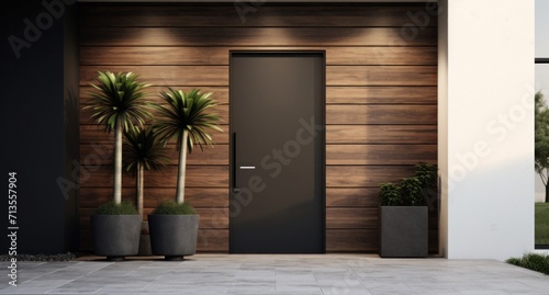 wooden planter at front door in modern residential house