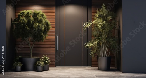 the door of a house with potted plants