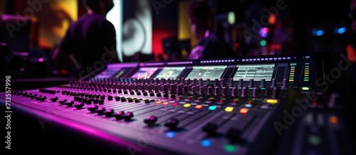 the monitor system on sound mixing console at a night club
