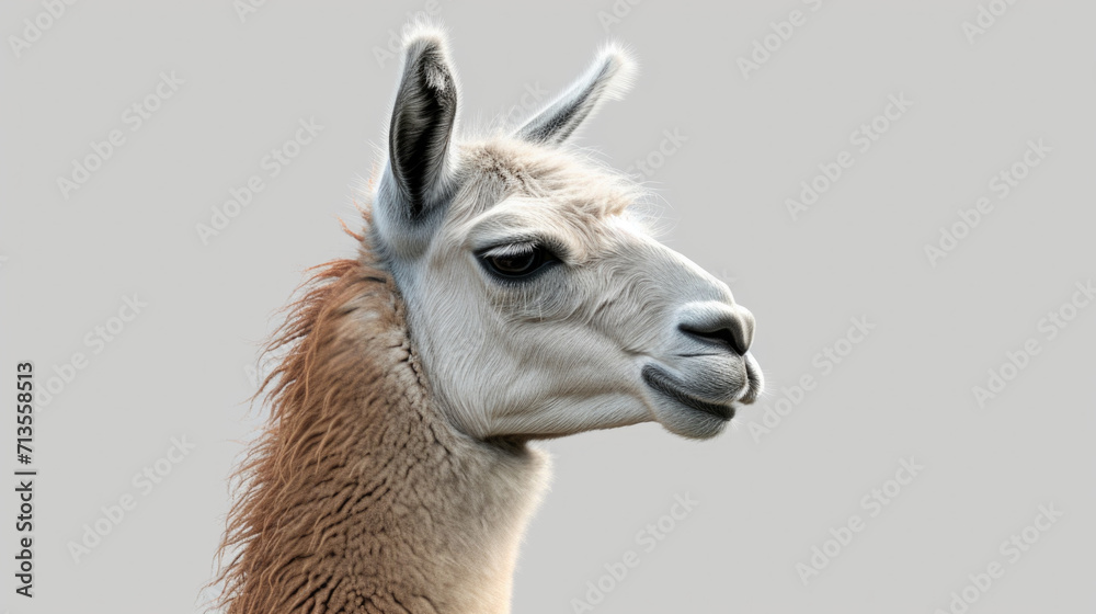 Obraz premium A close up photograph of a llama with a plain gray background. Suitable for various uses