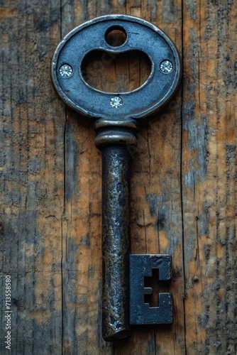 An old designer key with a lock decoration lies on a wooden background