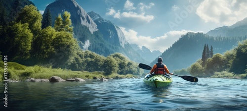 kayaking kayaker on a rapid in forest background with mountain scenery