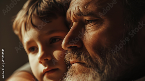 A close-up view of a man and a child. Ideal for illustrating the bond between a father and son or for showcasing family relationships. Suitable for various creative projects