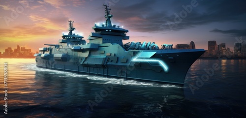 navy ship in the ocean on a sunset