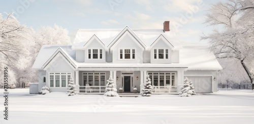 modern home on an idyllic winter white snowy day