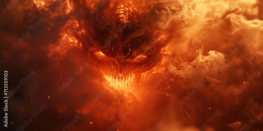 Fiery head of a evil monster in the fire - obrazy, fototapety, plakaty 