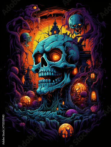 T-shirt design  colored halloween horror coloring page in vivid colors  realistic created with Generative Ai