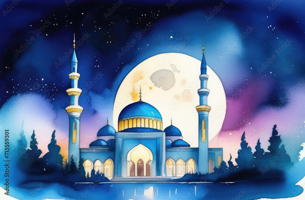 traditional Islamic architecture. watercolor illustration of Muslim mosque at night under moon.