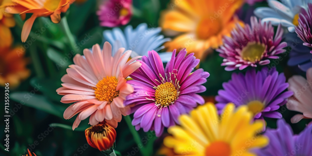 Fototapeta premium A vibrant close up view of a bunch of colorful flowers. Perfect for adding a pop of color to any project