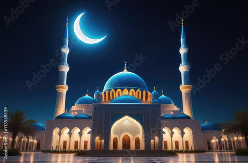 Muslim mosque at night under crescent moon, traditional Islamic architecture.