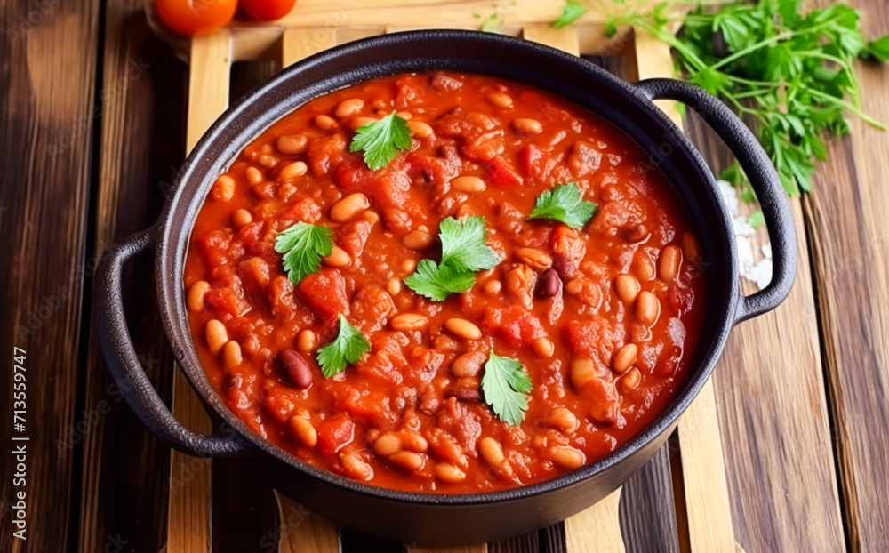 Beans in tomato sauce, country food and easy recipe idea for menu, food blog and cookbook, generative ai Beans in tomato sauce, country food and easy recipe idea for menu, food blog and cookbook, generative ai