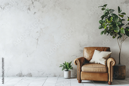 A brown leather chair sits next to a potted plant. This image can be used to showcase a cozy corner in a room or to illustrate interior design concepts photo