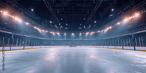 An empty hockey rink with lights shining on the ice. Suitable for sports-related designs and concepts © Fotograf