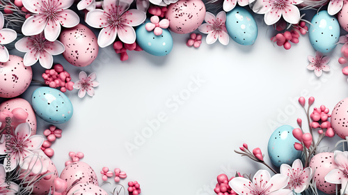 Colorful easter eggs and flowers on white background with copy space. Top view with copy space. Greeting card on an Easter theme. Happy Easter concept.