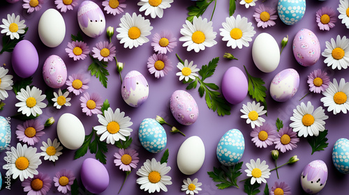Easter eggs and chamomile flowers on purple background. Top view. Greeting card on an Easter theme. Happy Easter concept.
