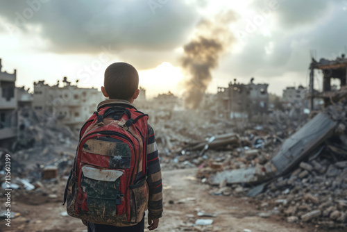 Young Boy with Backpack in War-Torn Ruins