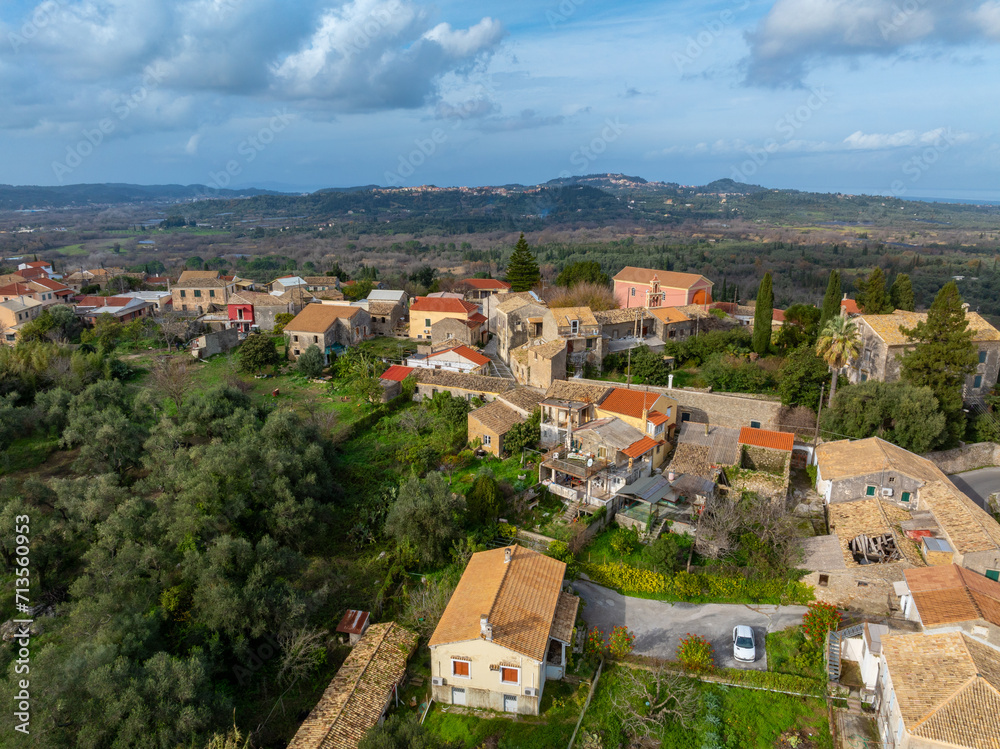 Aerial drone view of Agioi douloi village in north corfu,Greece