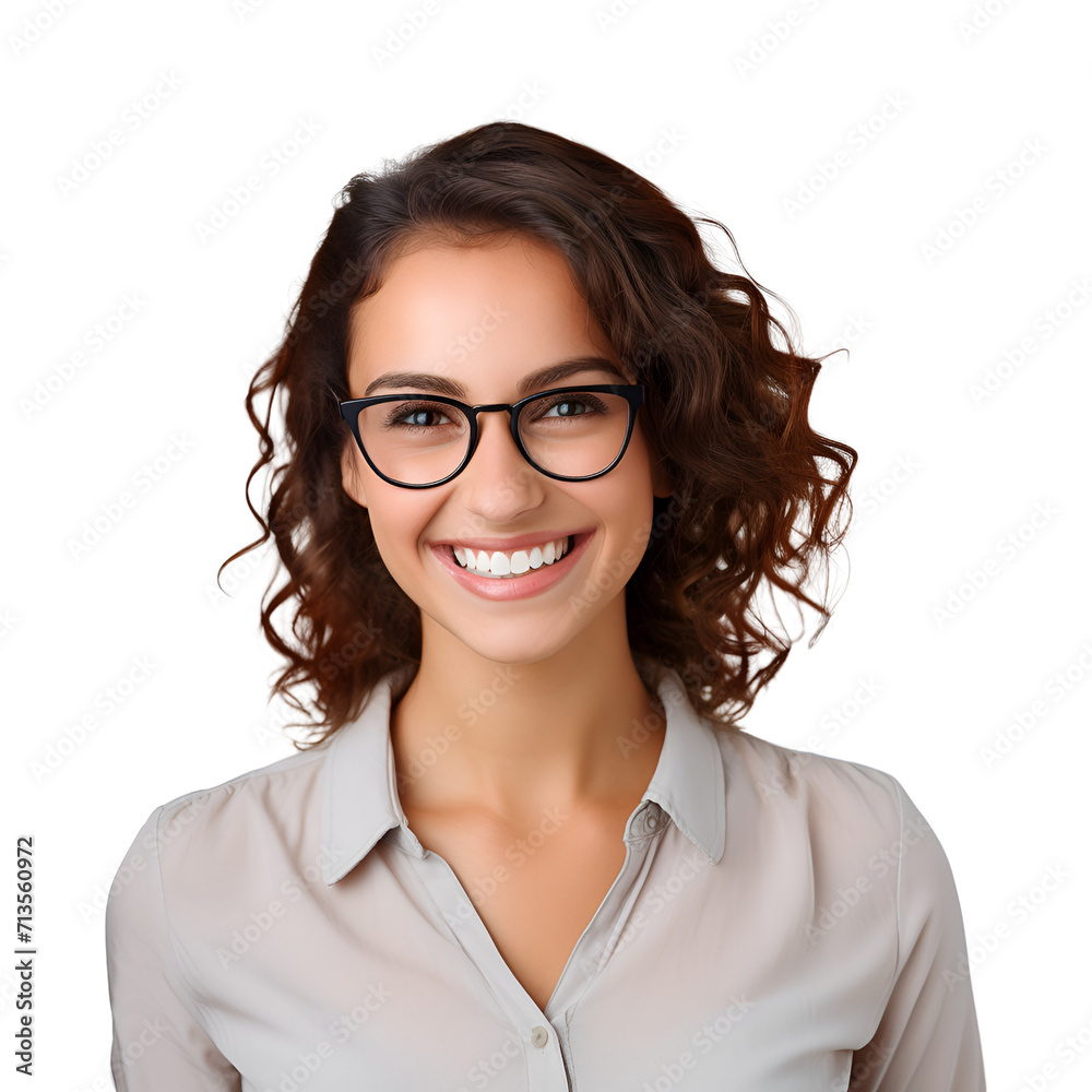 In this portrait, a happy and smiling teacher woman dons fashionable glasses, Isolated on Transparent Background, PNG In this portrait, a happy and smiling teacher woman dons fashionable glasses, Isolated on Transparent Background, PNG