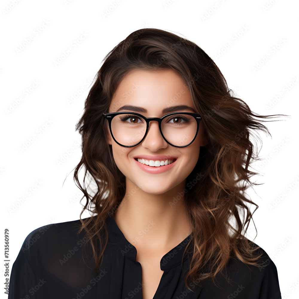 Glasses-clad educator woman beaming with joy in a portrait, Isolated on Transparent Background, PNG