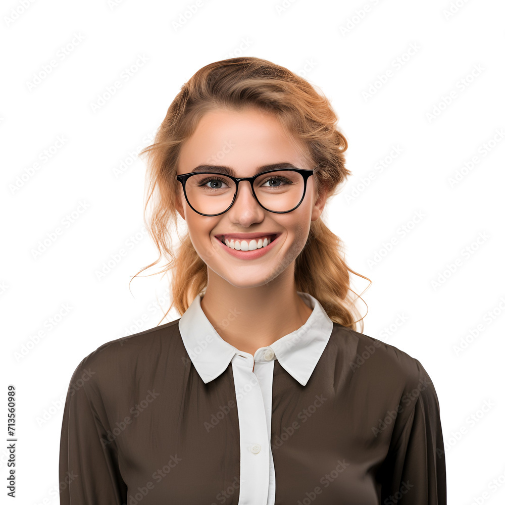 Joyful woman, adorned with glasses, featured in a captivating portrait, Isolated on Transparent Background, PNG Joyful woman, adorned with glasses, featured in a captivating portrait, Isolated on Transparent Background, PNG