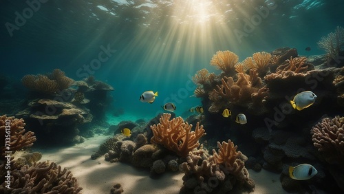 coral reef and fishes   hidden world under the sea. Imagine a vast underwater landscape with colorful corals, exotic fish photo