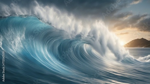 wave of the sea  A tsunami illustration, showing the power and the destruction of water. The wave is huge and blue,   © Jared