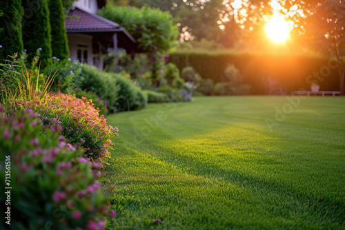 A beautiful sunset casting golden light over a vibrant green lawn. Perfect for landscape or nature-themed projects