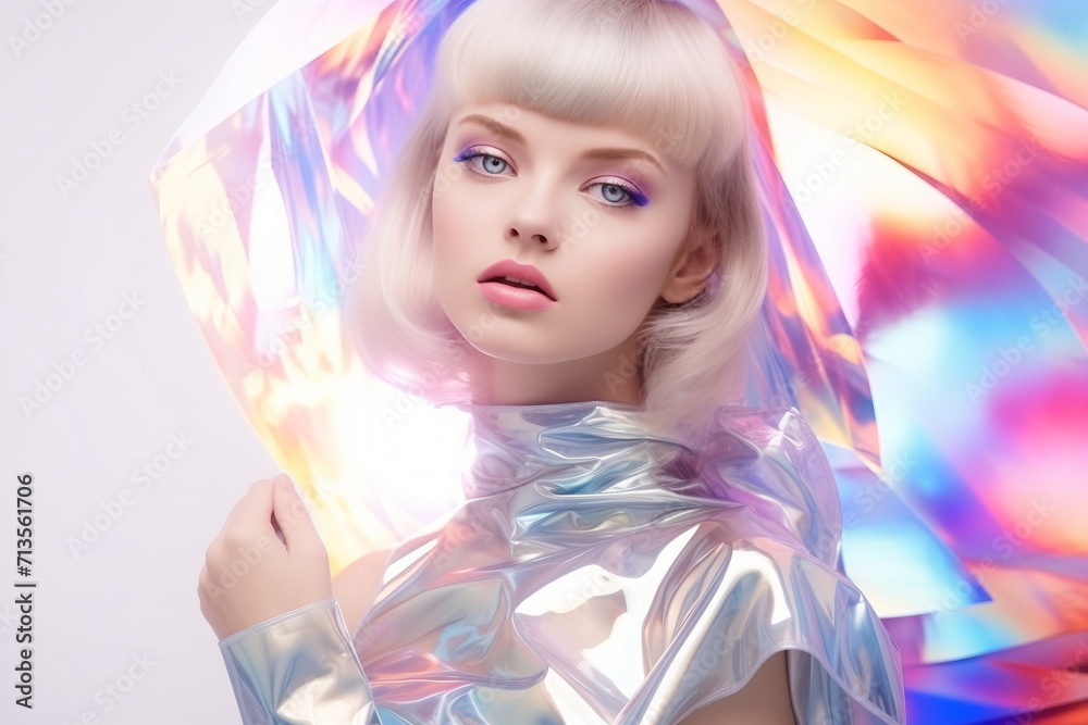 Chic Woman with Classic Bob Haircut in Translucent Holographic Garment, Soft Hues Fashion Portrait Chic Woman with Classic Bob Haircut in Translucent Holographic Garment, Soft Hues Fashion Portrait