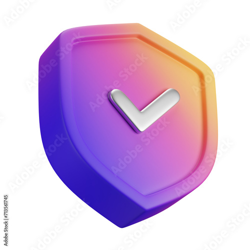 Shield icon, silver checkmark, metallic edge, glossy surface, teal gradient background, 3D rendering, security symbol, protection emblem, modern design, futuristic logo, vector graphic style