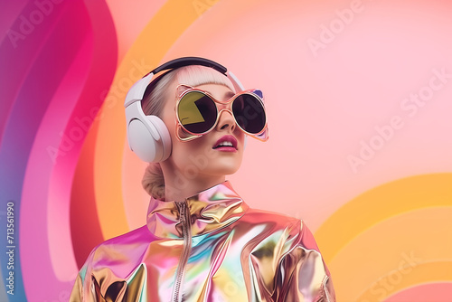 Stylish Woman with Headphones, Vibrant Holographic Jacket, and Oversized Sunglasses