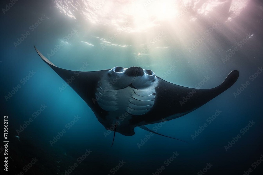a majestic manta ray moving elegantly in the sea. Generative AI - obrazy, fototapety, plakaty 