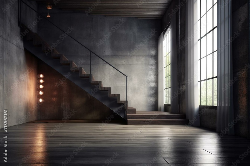 Interior with dark walls and concrete floor. Modern stairway. 3D render. Generative AI
