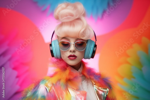 Fashionable Woman with Updo Hairstyle and Headphones, Vibrant Colorful Pop Art Style