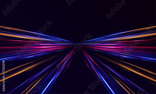 Vector speed of light in space on dark background. Abstract background in blue, yellow and orange neon colors. Magic of moving fast lines. Laser beams, horizontal light rays. Particle motion effect.	