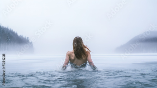 a young woman in the icy water of a winter lake strengthens her immunity by hardening herself