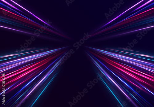Abstract background in blue and purple neon glow colors. Vector blue glowing lines air flow effect. Speed connection background. 